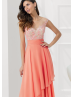 Sheer Tulle V Back Beaded Lace Long Chiffon Prom Dress